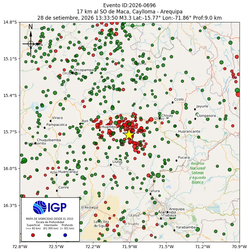 Mapa Sísmico del Sismo de 3.3 a 17 km al SO de Maca, Caylloma - Arequipa el día Lunes 28 de Septiembre del 2026  a las 01:33 p.m.