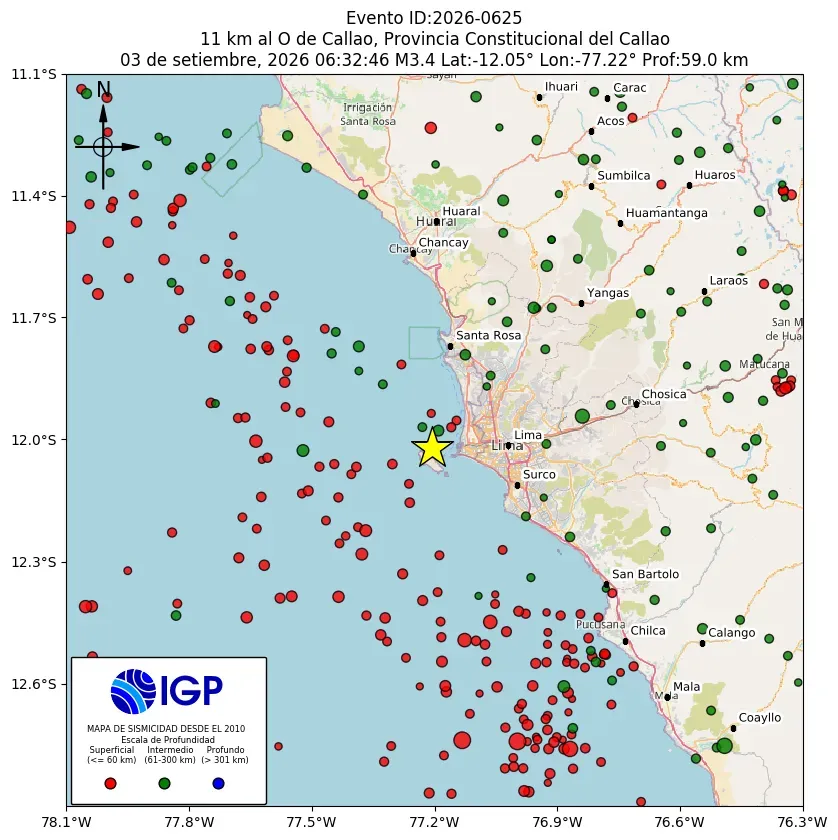 Mapa Sísmico del Sismo de 3.4 a 11 km al O de Callao, Provincia Constitucional del Callao el día jueves 3 de septiembre del 2026 a las 06:32 a. m.