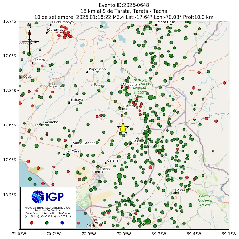 Mapa Sísmico del Sismo de 3.4 a 18 km al S de Tarata, Tarata - Tacna el día Jueves 10 de Septiembre del 2026  a las 01:26 a.m.