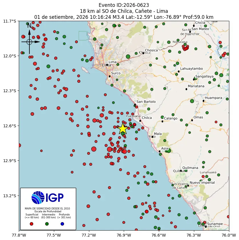 Mapa Sísmico del Sismo de 3.4 a 18 km al SO de Chilca, Cañete - Lima el día martes 1 de septiembre del 2026