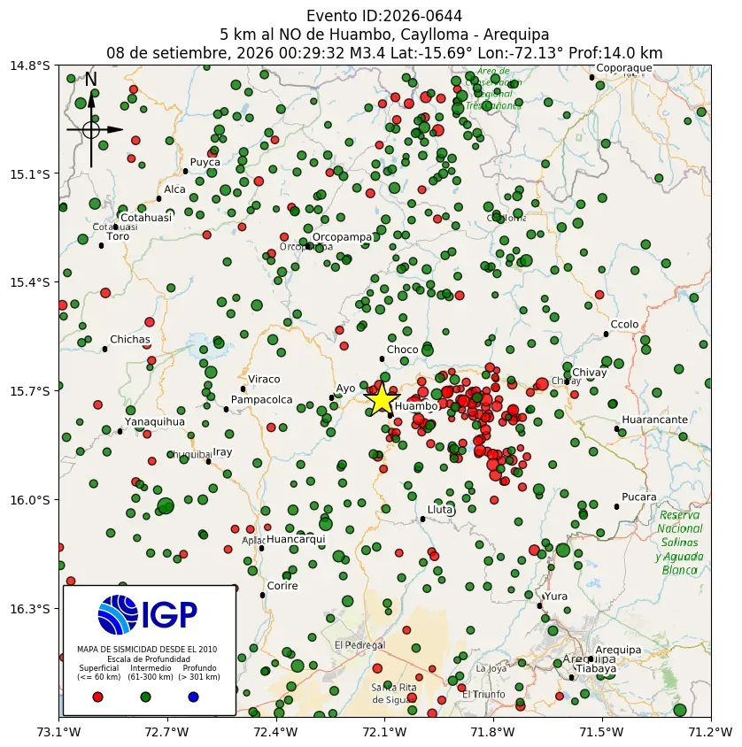 Mapa Sísmico del Sismo de 3.4 a 5 km al NO de Huambo, Caylloma - Arequipa el día Martes 8 de Septiembre del 2026  a las 12:35 a.m.