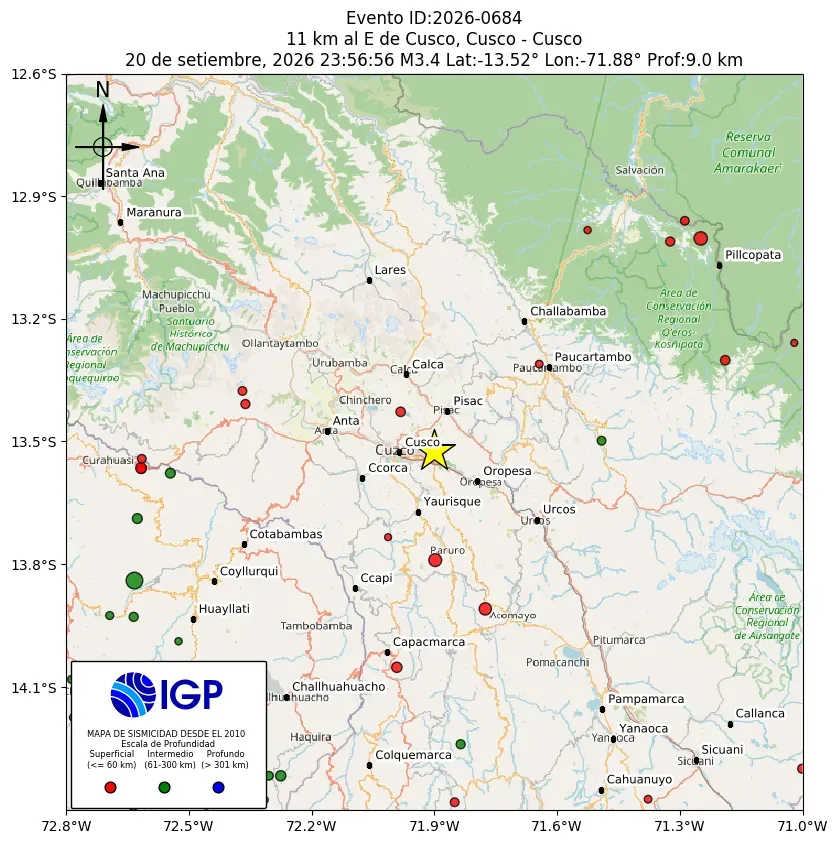 Mapa Sísmico del Sismo de 3.4 a 11 km al E de Cusco, Cusco - Cusco el día Lunes 21 de Septiembre del 2026  a las 12:01 a.m.