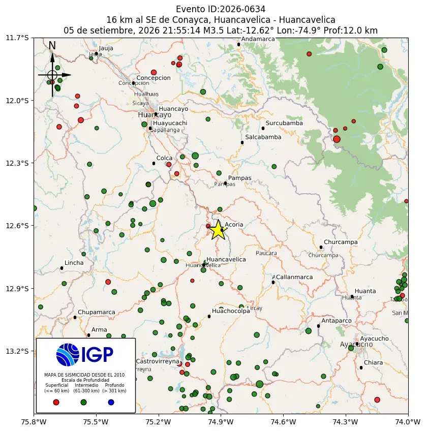 Mapa Sísmico del Sismo de 3.5 a 16 km al SE de Conayca, Huancavelica - Huancavelica el día Sábado 5 de Septiembre del 2026  a las 10:01 p.m.