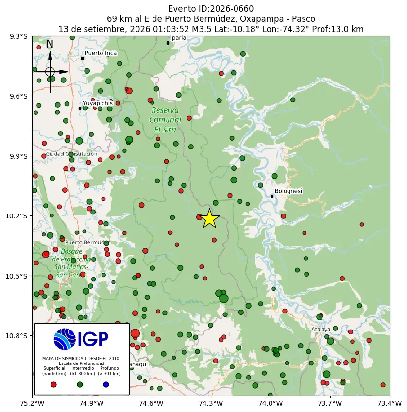 Mapa Sísmico del Sismo de 3.5 a 69 km al E de Puerto Bermúdez, Oxapampa - Pasco el día Domingo 13 de Septiembre del 2026  a las 01:12 a.m.