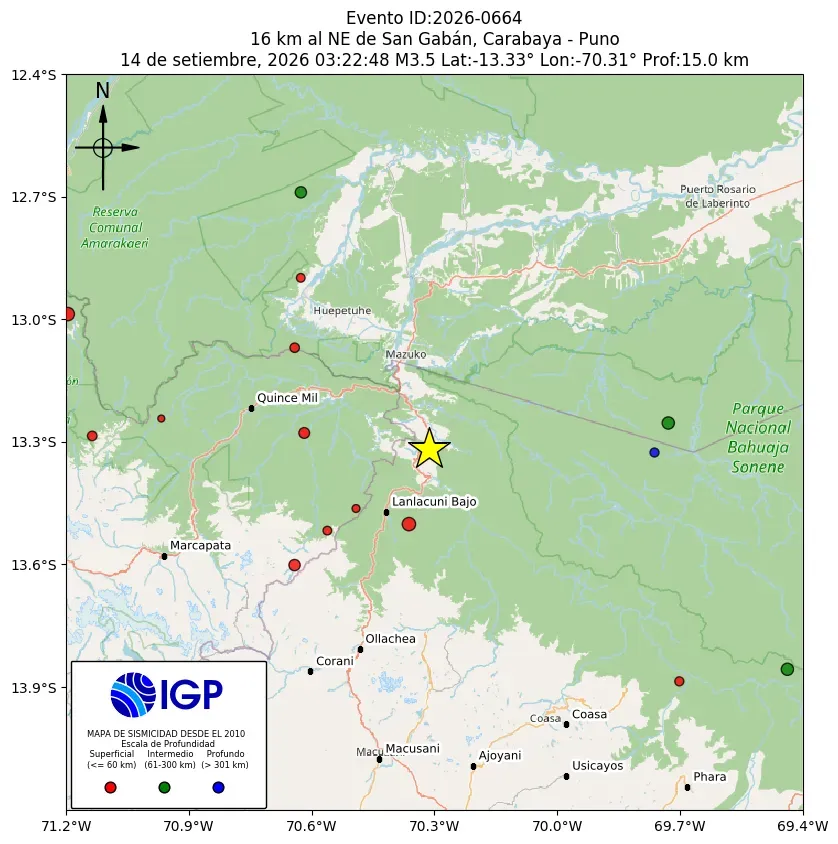 Mapa Sísmico del Sismo de 3.5 a 16 km al NE de San Gabán, Carabaya - Puno el día Lunes 14 de Septiembre del 2026  a las 03:32 a.m.