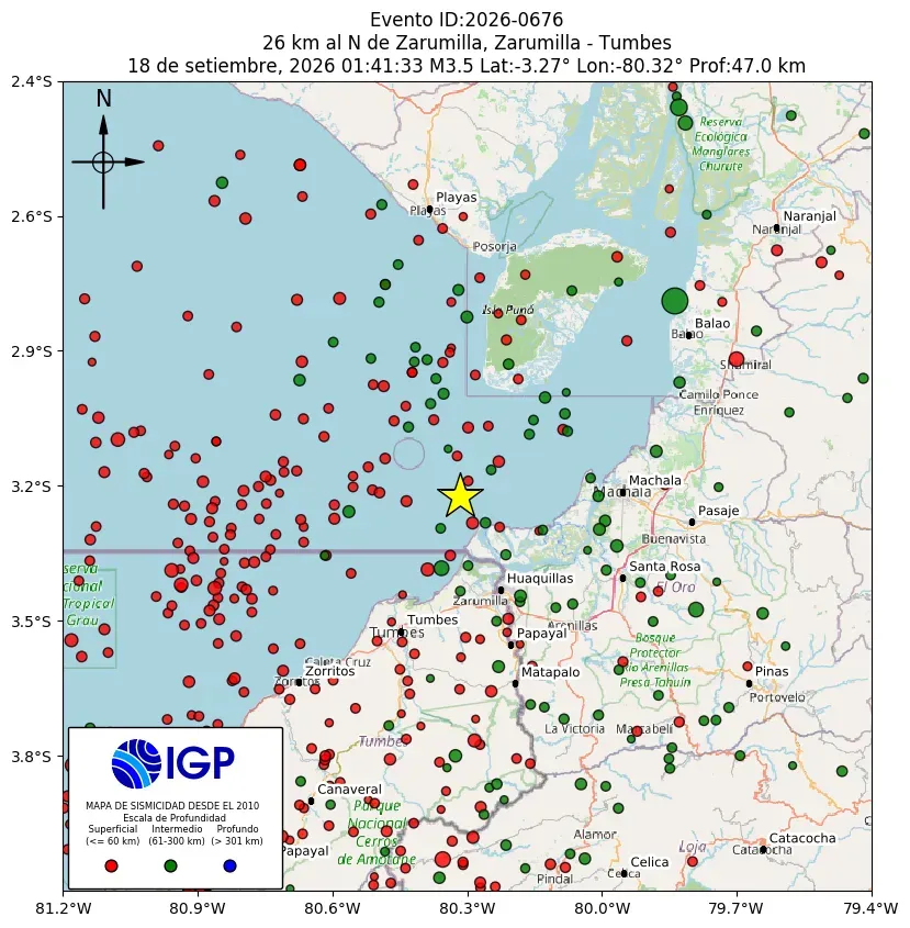 Mapa Sísmico del Sismo de 3.5 a 26 km al N de Zarumilla, Zarumilla - Tumbes el día Viernes 18 de Septiembre del 2026 a las 01:48 a.m.