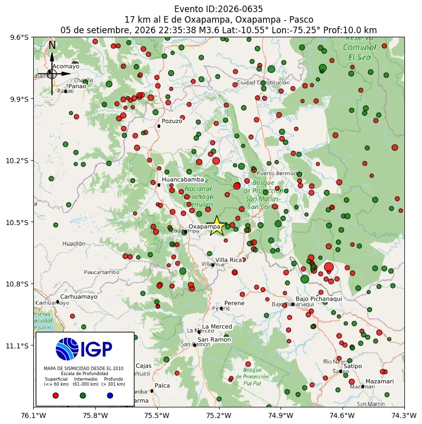 Mapa Sísmico del Sismo de 3.6 a 17 km al E de Oxapampa, Oxapampa - Pasco el día Sábado 5 de Septiembre del 2026  a las 10:41 p.m.