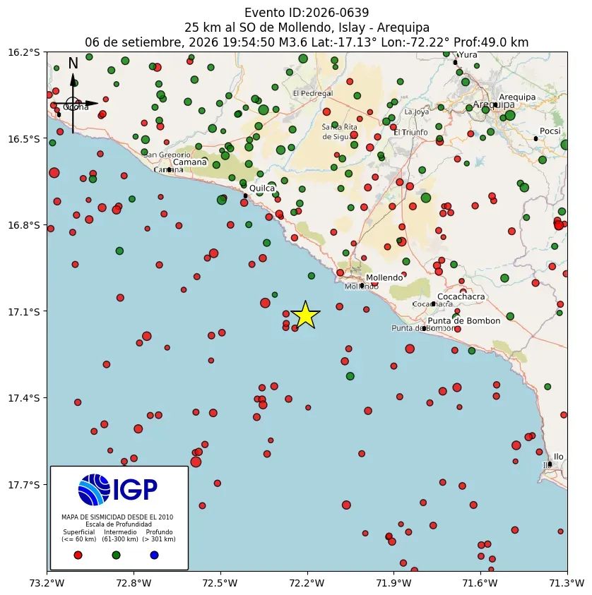 Mapa Sísmico del Sismo de 3.6 a 25 km al SO de Mollendo, Islay - Arequipa el día Domingo 6 de Septiembre del 2026  a las 07:59 p.m.