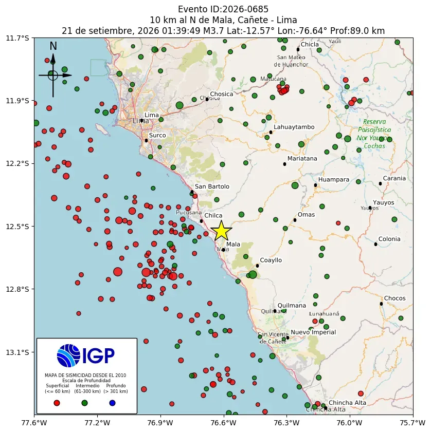 Mapa Sísmico del Sismo de 3.7 a 10 km al N de Mala, Cañete - Lima el día Lunes 21 de Septiembre del 2026  a las 01:45 a.m.
