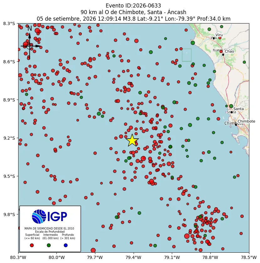 Mapa Sísmico del Sismo de 3.8 a 90 km al O de Chimbote, Santa - Áncash el día Sábado 5 de Septiembre del 2026  a las 03:07 p.m.