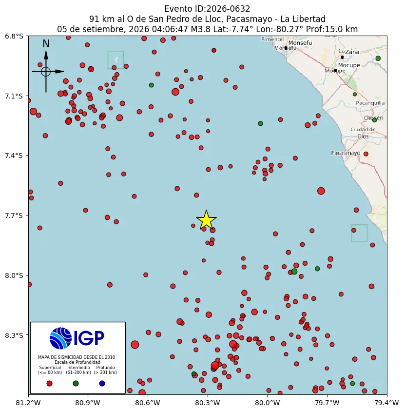 Mapa Sísmico del Sismo de 3.8 a 91 km al O de San Pedro de Lloc, Pacasmayo - La Libertad el día sabado 4 de septiembre del 2026 a las 04:06 a. m.