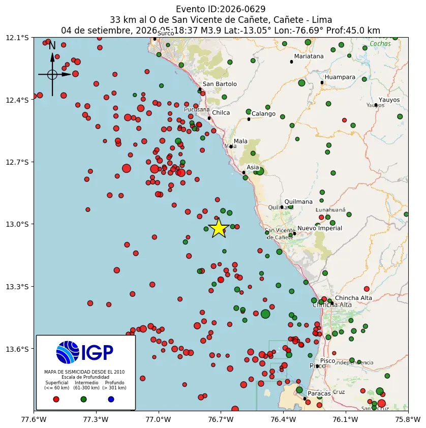 Mapa Sísmico del Sismo de 3.9 a 33 km al O de San Vicente de Cañete, Cañete - Lima el día viernes 4 de septiembre del 2026 a las 05:18 a. m.