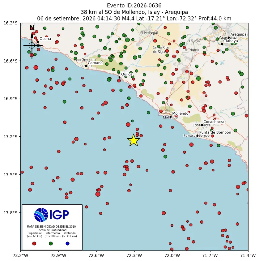 Mapa Sísmico del Sismo de 4.4 a 38 km al SO de Mollendo, Islay - Arequipa el día Domingo 6 de Septiembre del 2026  a las 04:21 a.m.