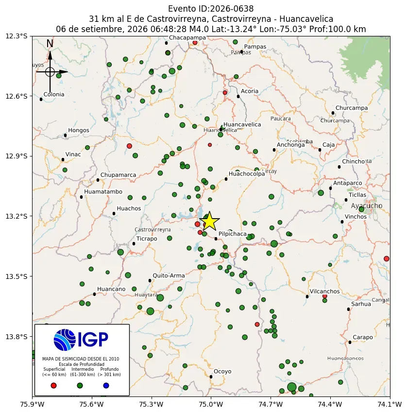 Mapa Sísmico del Sismo de 4 a 31 km al E de Castrovirreyna, Castrovirreyna - Huancavelica el día Domingo 6 de Septiembre del 2026  a las 06:54 a.m.