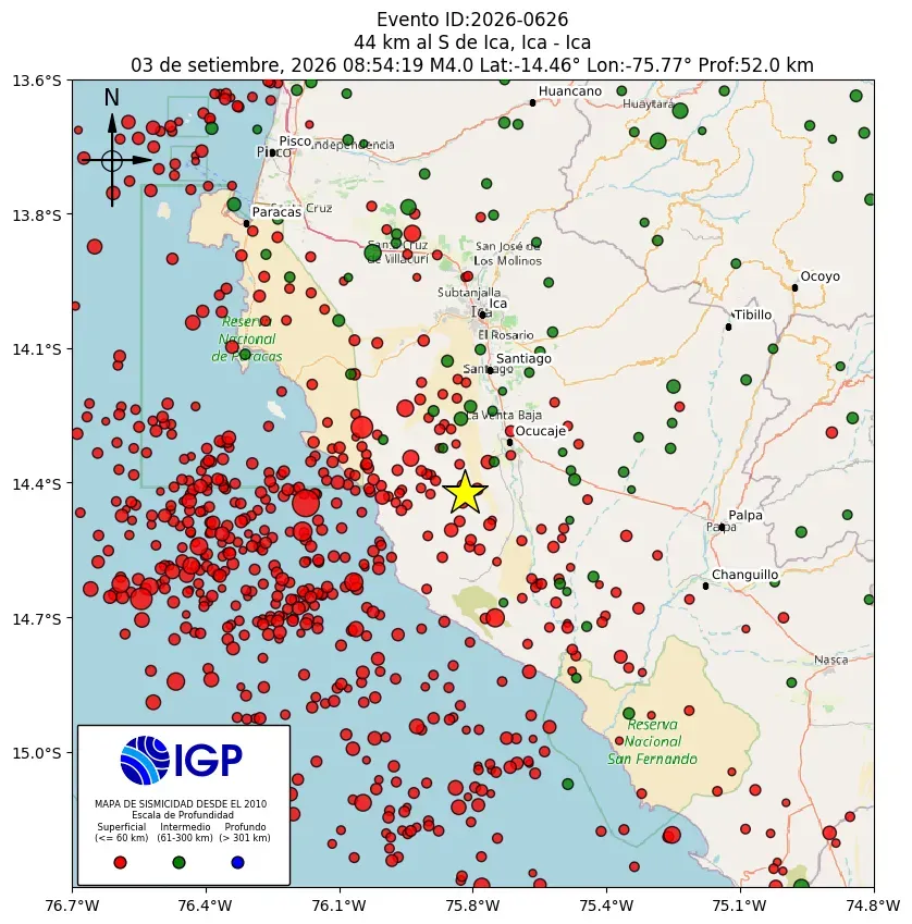 Mapa Sísmico del Sismo de 4 a 44 km al S de Ica, Ica - Ica el día jueves 3 de septiembre del 2026 a las 08:54 a. m.