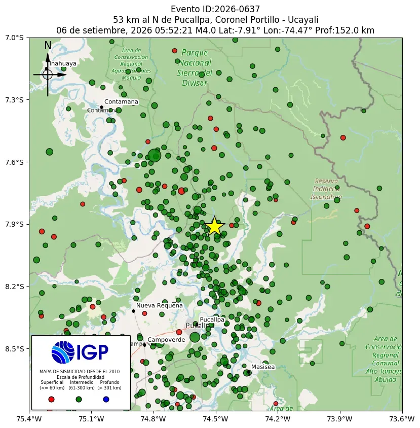 Mapa Sísmico del Sismo de 4 a 53 km al N de Pucallpa, Coronel Portillo - Ucayali el día Domingo 6 de Septiembre del 2026  a las 06:00 a.m.