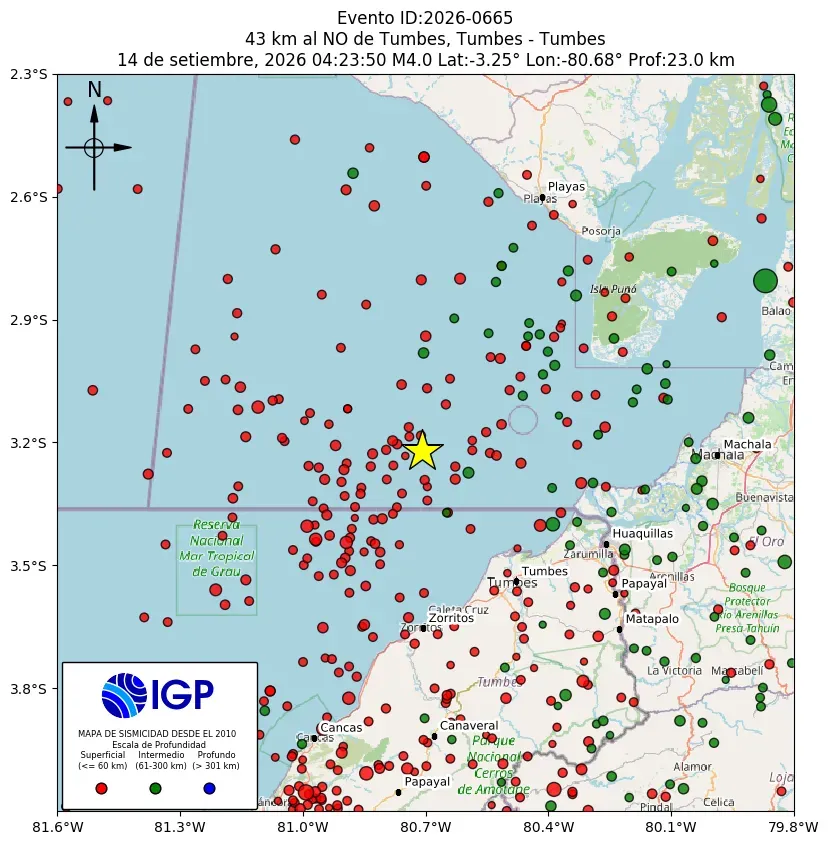 Mapa Sísmico del Sismo de 4 a 43 km al NO de Tumbes, Tumbes - Tumbes el día Lunes 14 de Septiembre del 2026  a las 04:31 a.m.