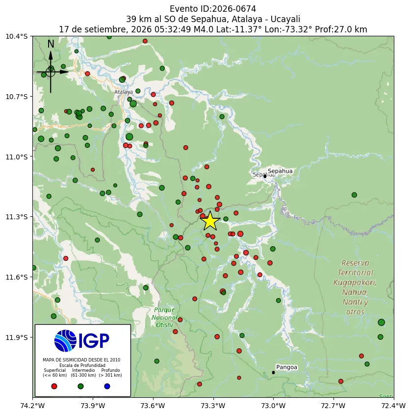 Mapa Sísmico del Sismo de 4 a 39 km al SO de Sepahua, Atalaya - Ucayali el día Jueves 17 de Septiembre del 2026  a las 05:39 a.m.