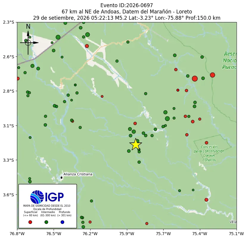 Mapa Sísmico del Sismo de 5.2 a 67 km al NE de Andoas, Datem del Marañón - Loreto el día Martes 9 de septiembre del 2026 a las 05:22 a.m.