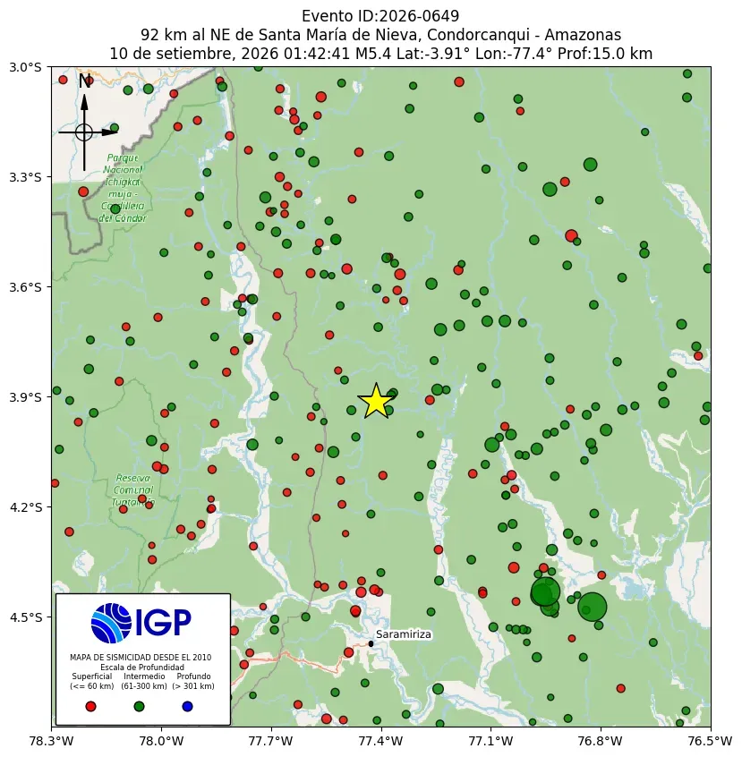 Mapa Sísmico del Sismo de 5.4 a 92 km al NE de Santa María de Nieva, Condorcanqui - Amazonas el día Jueves 10 de Septiembre del 2026  a las 01:49 a.m.