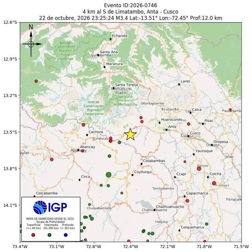 Mapa Sísmico del Sismo de 3.4 a 4 km al S de Limatambo, Anta - Cusco el día Jueves 22 de Octubre del 2026  a las 11:25 p.m.