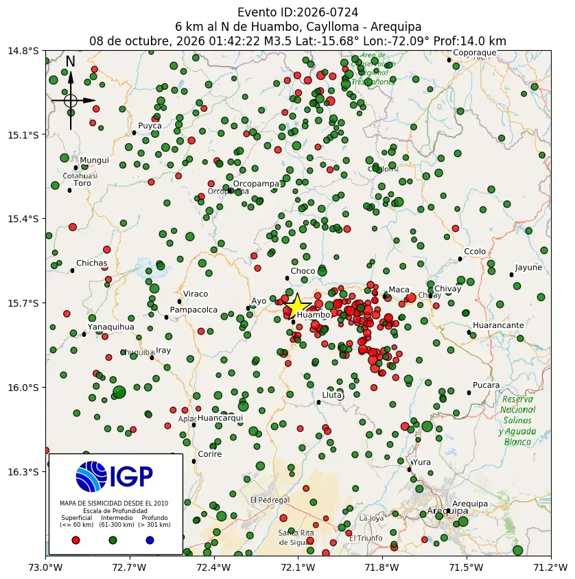 Mapa Sísmico del Sismo de 3.5 a 6 km al N de Huambo, Caylloma - Arequipa el día Jueves 8 de Octubre del 2026  a las 01:42 a.m.