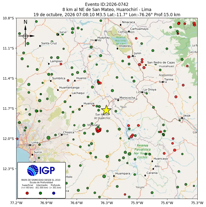 Mapa Sísmico del Sismo de 3.5 a 8 km al NE de San Mateo, Huarochirí - Lima el día Lunes 19 de Octubre del 2026 a las 07:08 a.m.