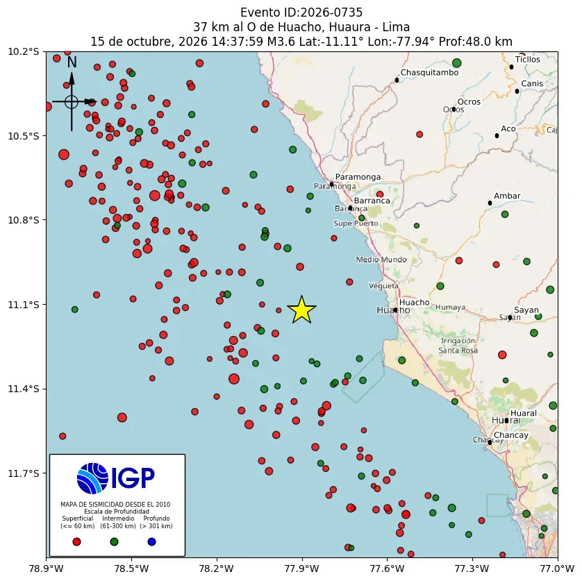 Mapa Sísmico del Sismo de 3.6 a 37 km al O de Huacho, Huaura - Lima el día Jueves 15 de Octubre del 2026  a las 02:37 p.m.
