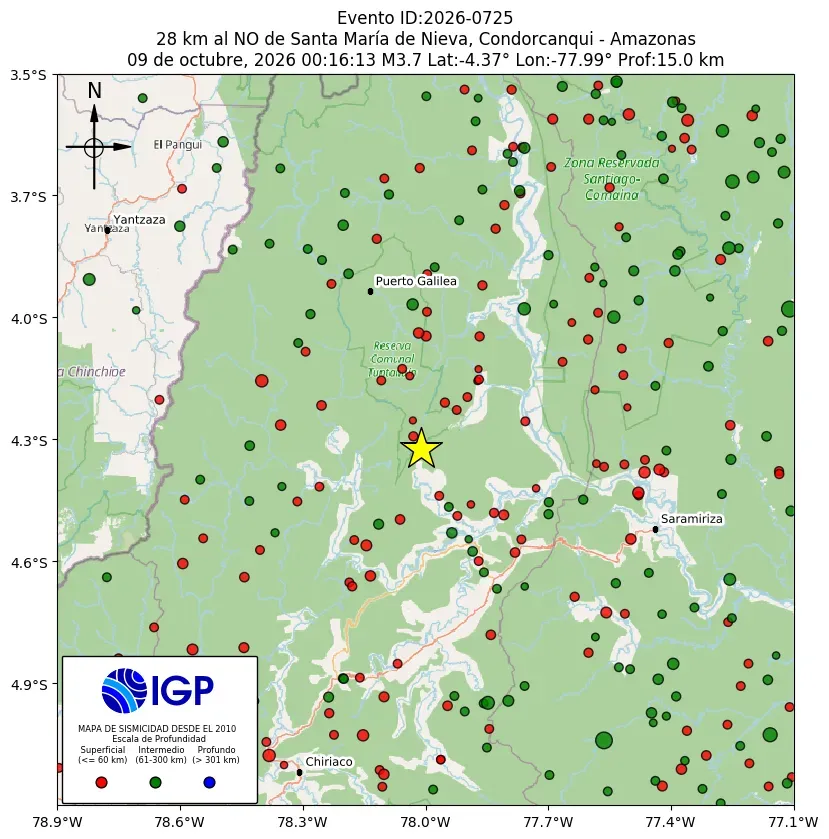 Mapa Sísmico del Sismo de 3.7 a 28 km al NO de Santa María de Nieva, Condorcanqui - Amazonas el día Viernes 9 de Octubre del 2026 a las 12:16 a.m.