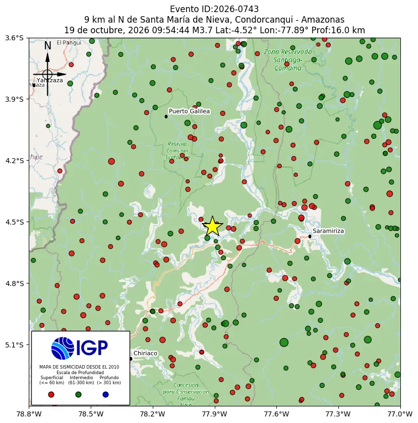 Mapa Sísmico del Sismo de 3.7 a 9 km al N de Santa María de Nieva, Condorcanqui - Amazonas el día Lunes 19 de Octubre del 2026 a las 09:54 a.m.