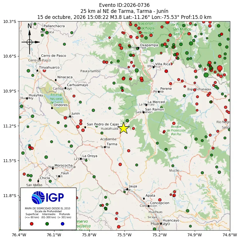 Mapa Sísmico del Sismo de 3.8 a 25 km al NE de Tarma, Tarma - Junín el día Jueves 15 de Octubre del 2026  a las 03:08 p.m.