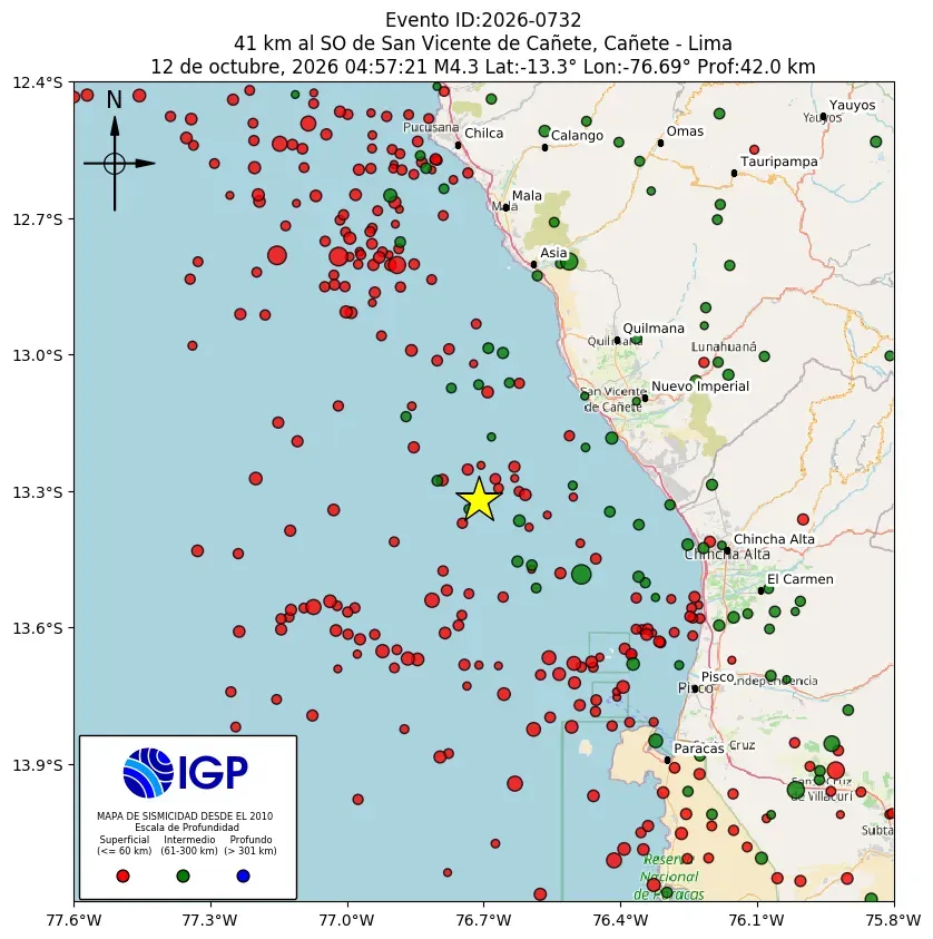 Mapa Sísmico del Sismo de 4.3 a 41 km al SO de San Vicente de Cañete, Cañete - Lima el día Lunes 12 de Octubre del 2026 a las 04:57 a.m.