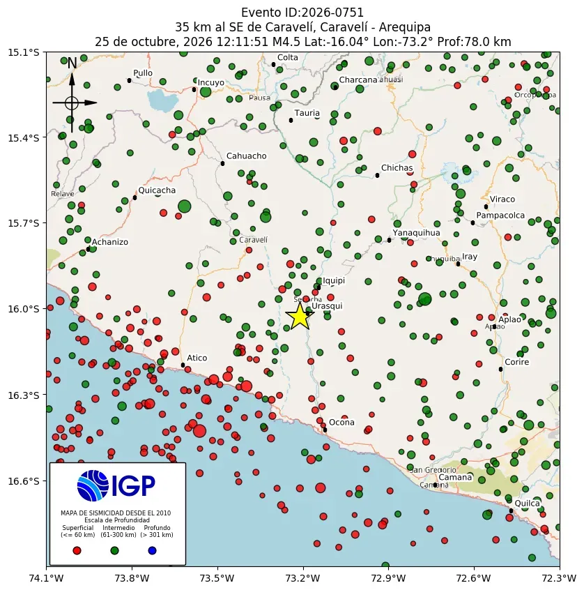 Mapa Sísmico del Sismo de 4.5 a 35 km al SE de Caravelí, Caravelí - Arequipa el día Domingo 10 de octubre del 2026 a las 12:11 p.m.