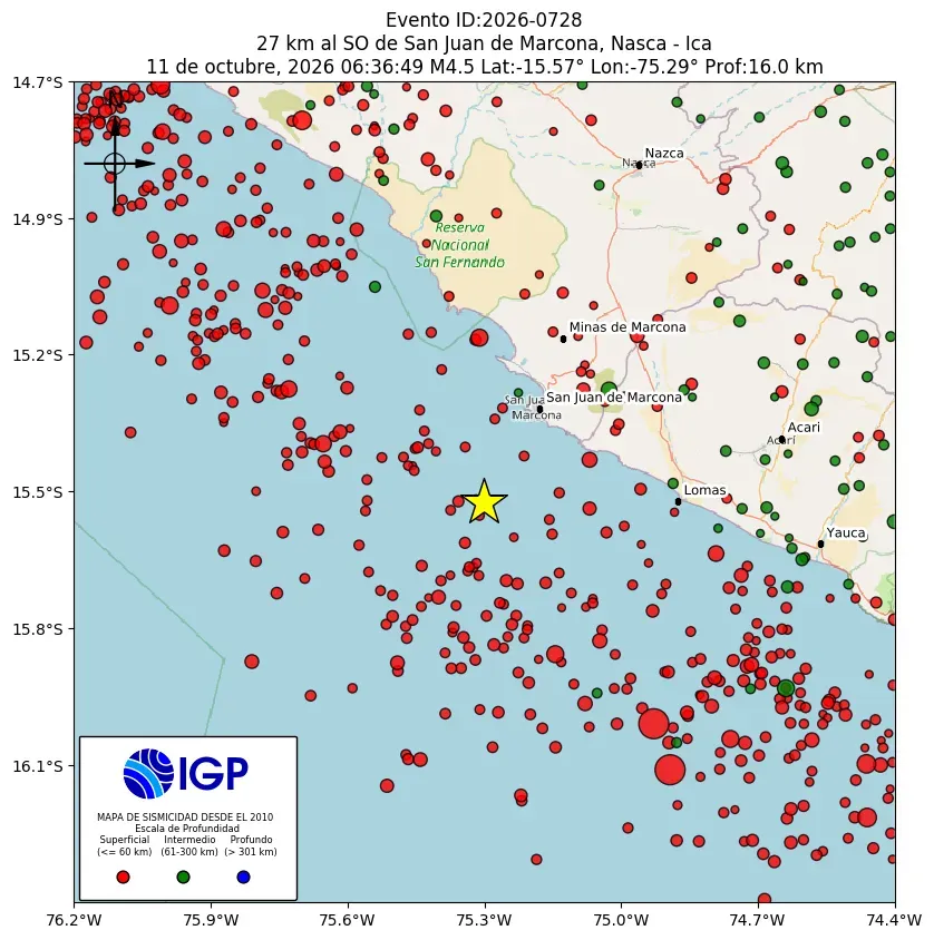 Mapa Sísmico del Sismo de 4.5 a 27 km al SO de San Juan de Marcona, Nasca - Ica el día Domingo 10 de octubre del 2026  a las 06:36 a.m.