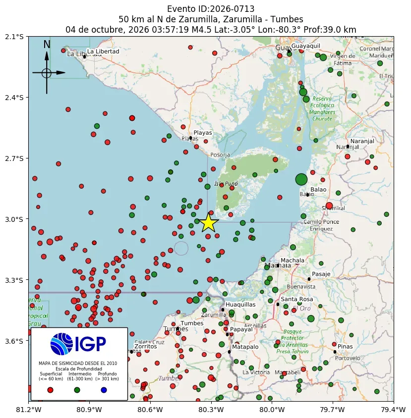 Mapa Sísmico del Sismo de 4.5 a 50 km al N de Zarumilla, Zarumilla - Tumbes el día Domingo 10 de octubre del 2026  a las 03:57 a.m.