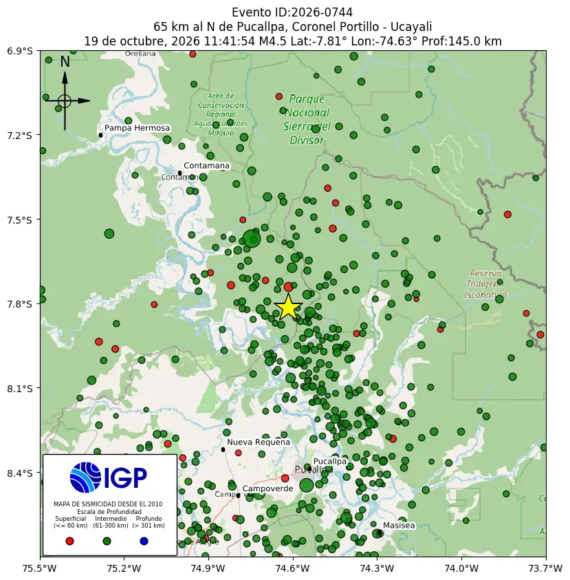 Mapa Sísmico del Sismo de 4.5 a 65 km al N de Pucallpa, Coronel Portillo - Ucayali el día Lunes 10 de octubre del 2026  a las 11:41 a.m.