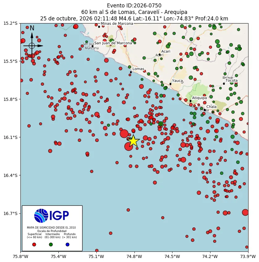 Mapa Sísmico del Sismo de 4.6 a 60 km al S de Lomas, Caravelí - Arequipa el día Domingo 10 de octubre del 2026  a las 02:11 a.m.