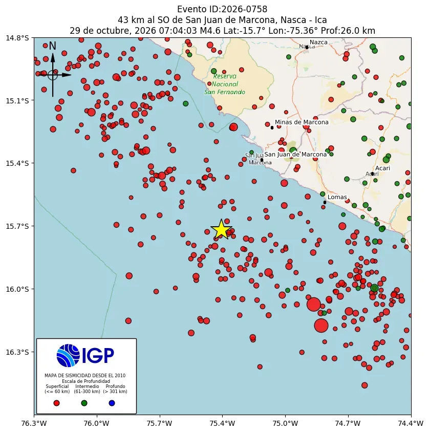 Mapa Sísmico del Sismo de 4.6 a 43 km al SO de San Juan de Marcona, Nasca - Ica el día Jueves 10 de octubre del 2026 a las 07:04 a.m.
