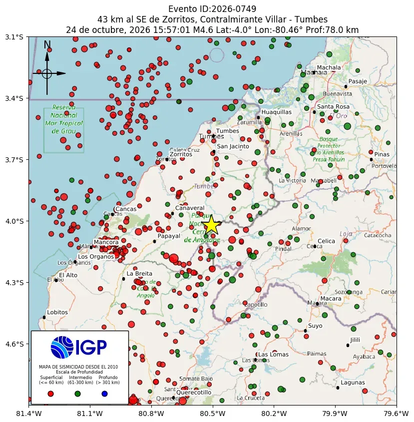 Mapa Sísmico del Sismo de 4.6 a 43 km al SE de Zorritos, Contralmirante Villar - Tumbes el día Sábado 10 de octubre del 2026  a las 03:57 p.m.
