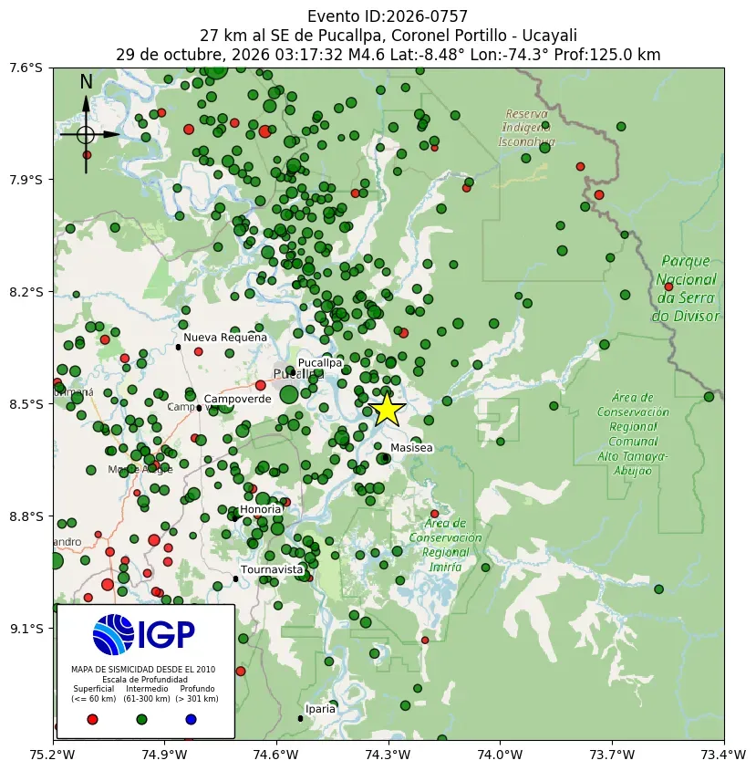 Mapa Sísmico del Sismo de 4.6 a 27 km al SE de Pucallpa, Coronel Portillo - Ucayali el día Jueves 10 de octubre del 2026 a las 03:17 a.m.