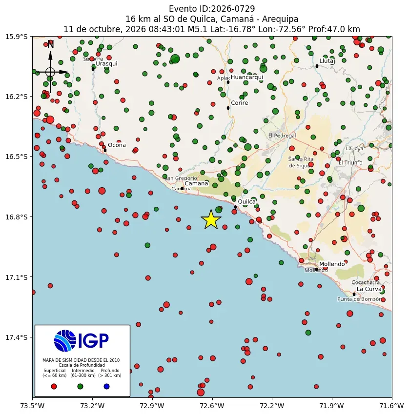 Mapa Sísmico del Sismo de 5.1 a 16 km al SO de Quilca, Camaná - Arequipa el día Domingo 10 de octubre del 2026  a las 08:43 a.m.